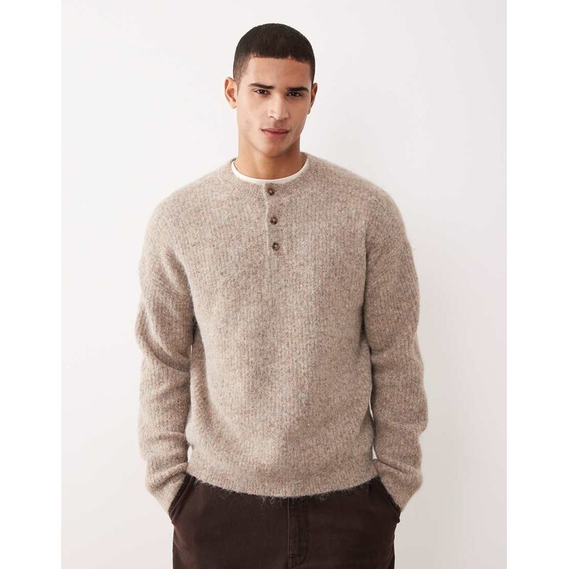 ASOS DESIGN relaxed knitted wool mix henley neck jumper in beige