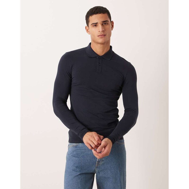 ASOS DESIGN Essentials muscle fit long sleeve polo in navy pique
