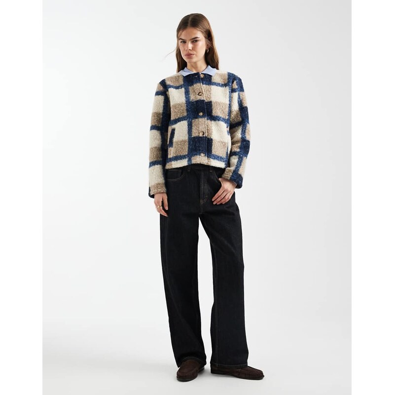 Vero Moda boucle textured collarless short jacket in beige and navy 111191892