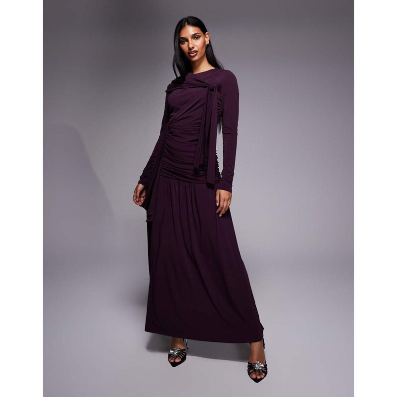 Daska ruched tie detail maxi dress in merlot-Purple 111191897