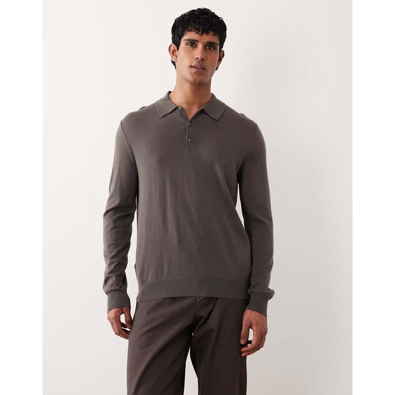 Mango 100% wool knitted polo top in charcoal-Grey