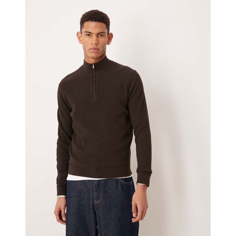 Mango cotton mix high neck quarter zip jumper in chocolate brown