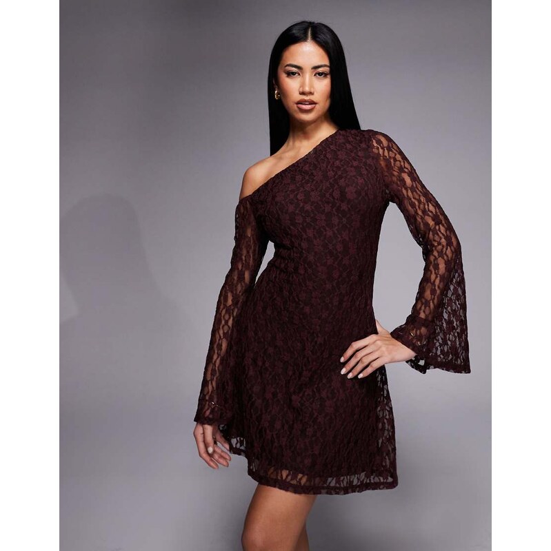 ASOS DESIGN lace off shoulder mini dress in chocolate-Brown