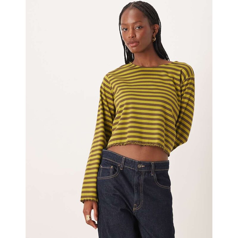 ASOS DESIGN lettuce hem long sleeve t-shirt in olive stripe