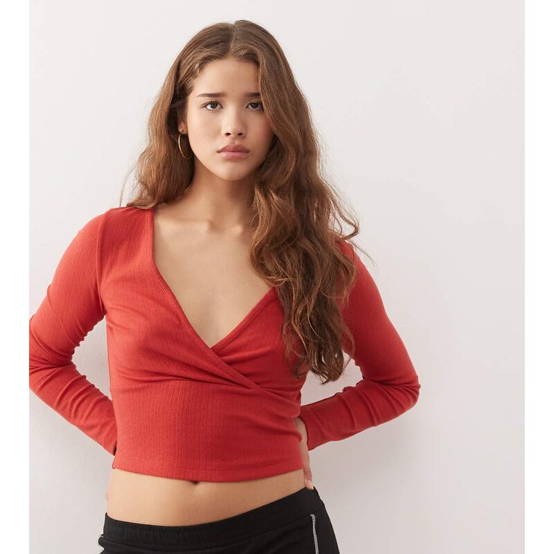 COLLUSION long sleeve v neck wrap top in deep red