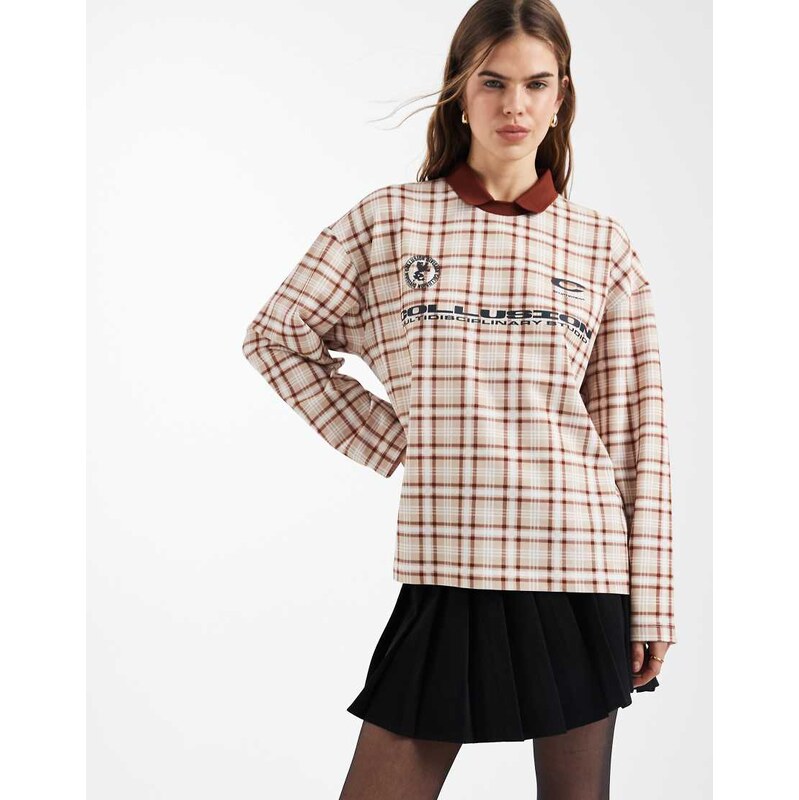 COLLUSION oversized sweat polo in neutral check-Brown 111192032