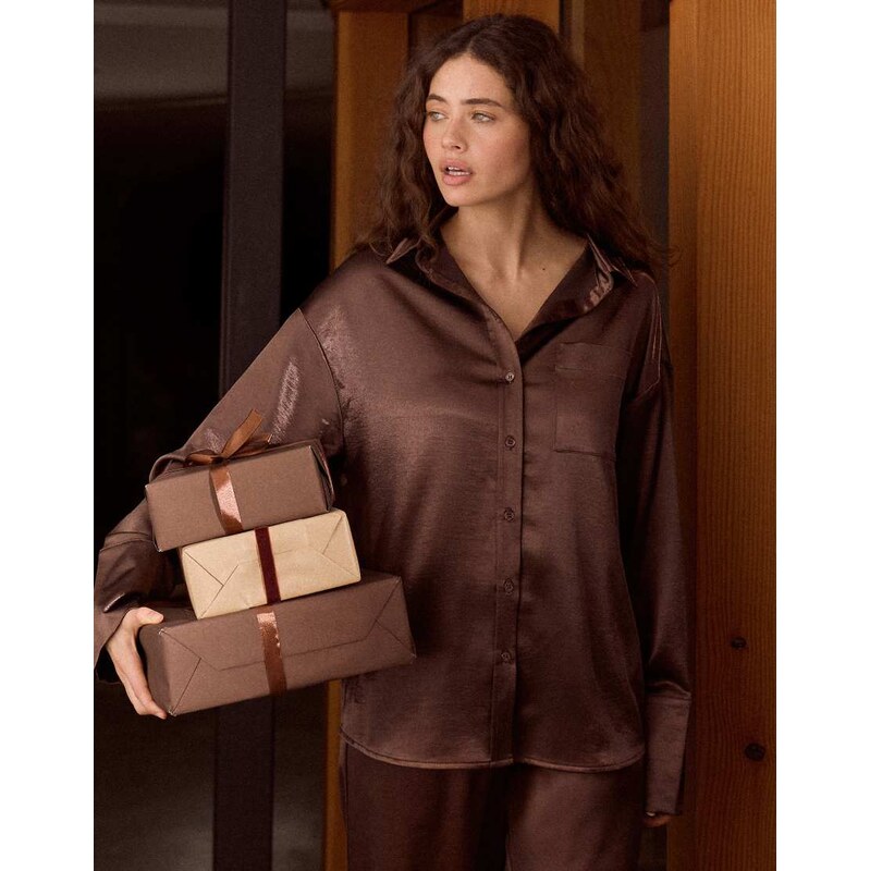 4th & Reckless satin pocket front button through shirt co-ord in 111192055