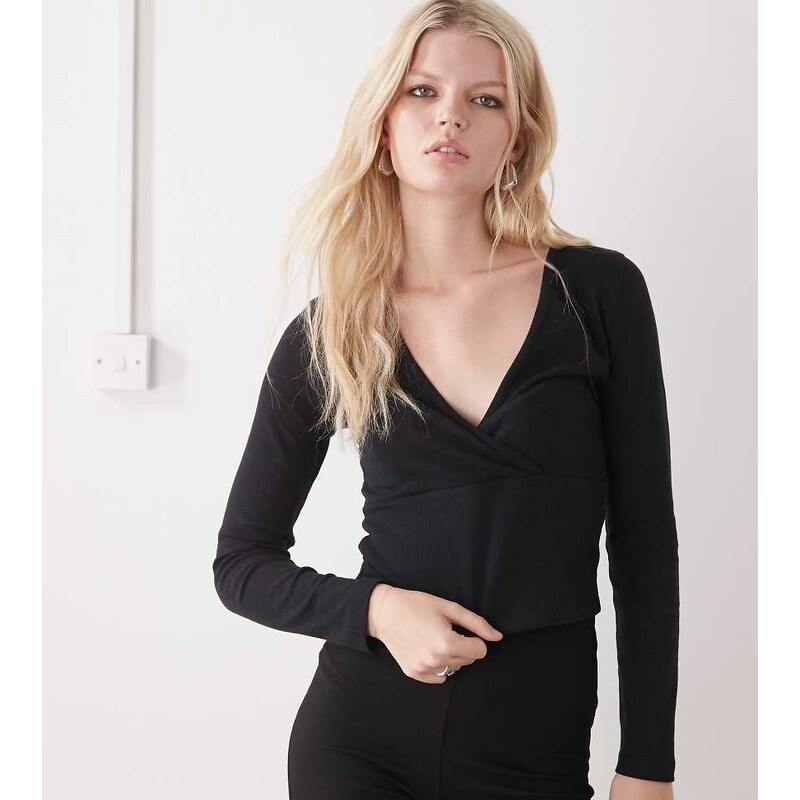 COLLUSION long sleeve v neck wrap top in black