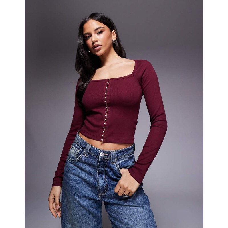 ASOS DESIGN cotton rib square neck long sleeve top with hook and