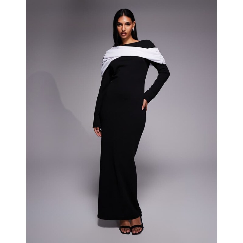 Daska drape detail jersey maxi dress in black and ivory-Multi