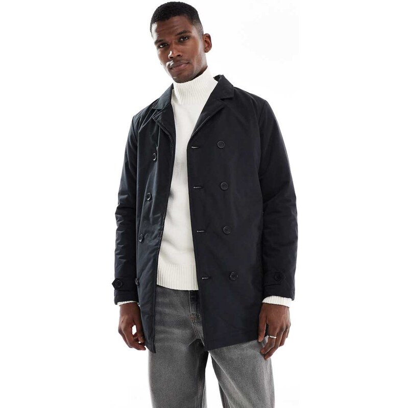 Brave Soul short padded double breasted mac with belt in black