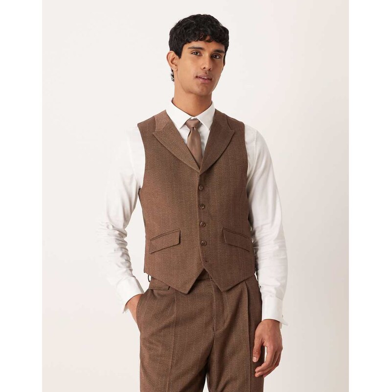 ASOS DESIGN slim wool look suit waistcoat in brown twill