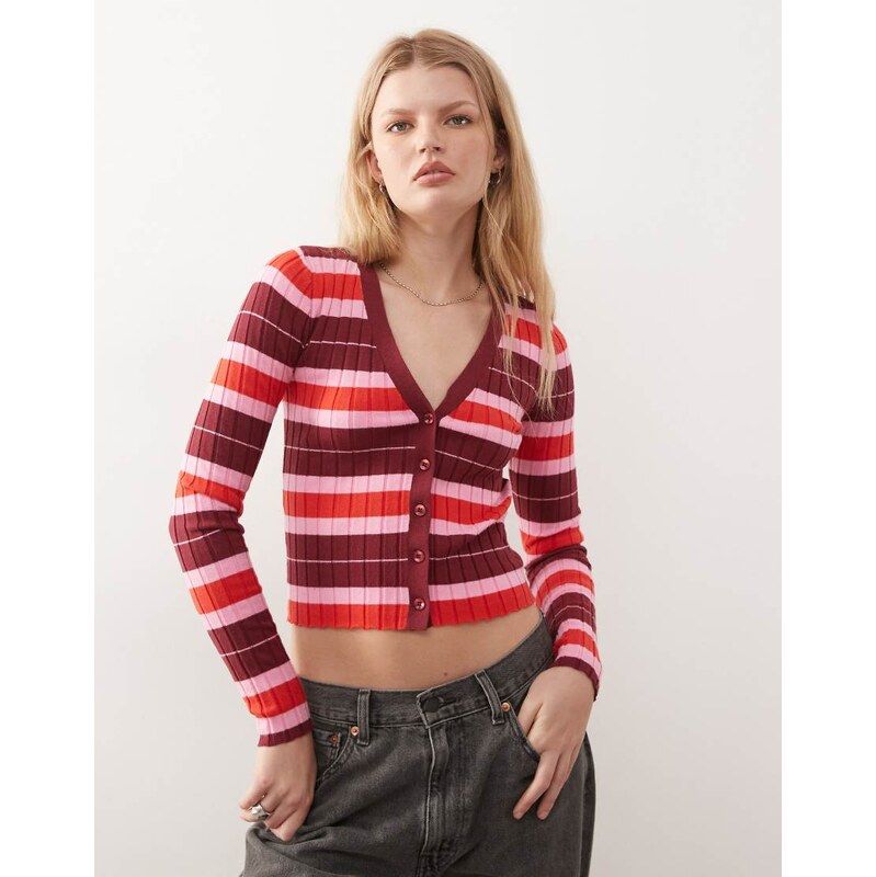 Noisy May ribbed knit cardigan in pink & red stripe 111201805