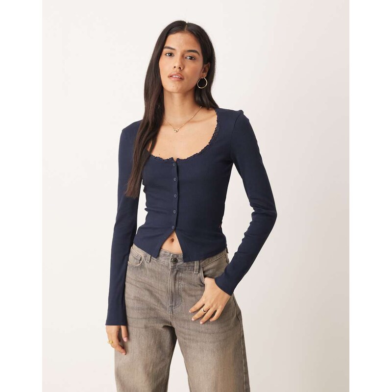 ASOS DESIGN rib long sleeve with lace & button detail in navy-Multi