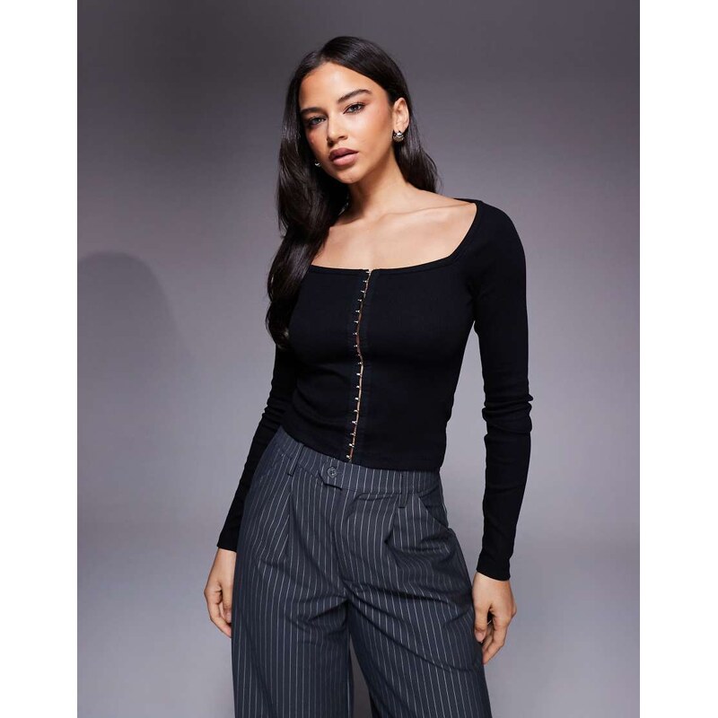 ASOS DESIGN cotton rib square neck long sleeve top with hook and