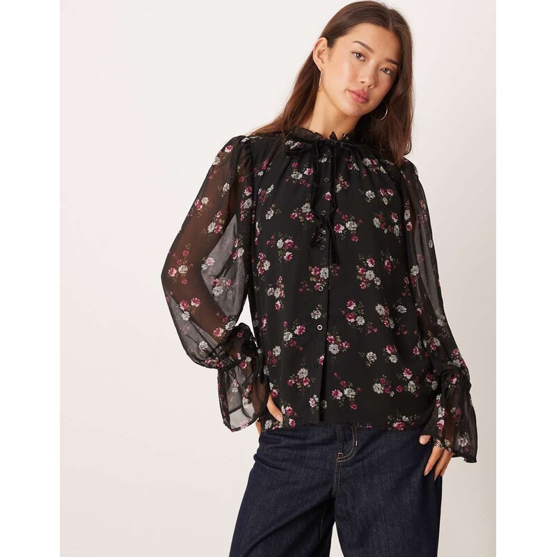 YAS frill trim chiffon boho blouse in black floral print