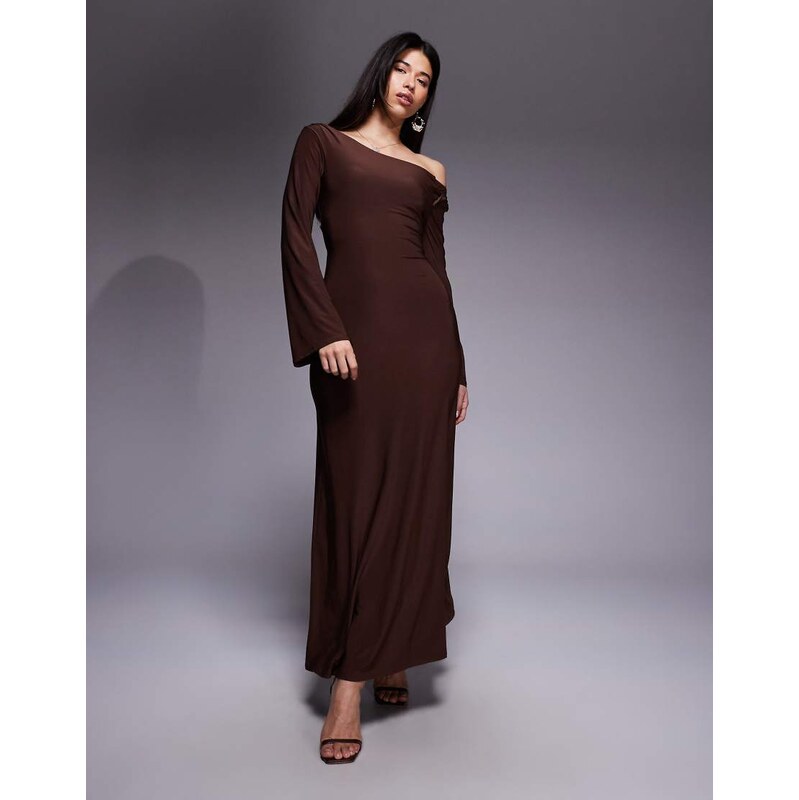 ASOS DESIGN off shoulder sculpting maxi dress in chocolate-Brown