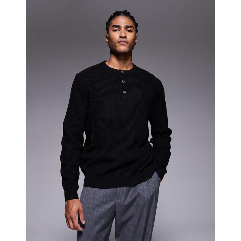 ASOS DESIGN long sleeve knitted rib henley in black