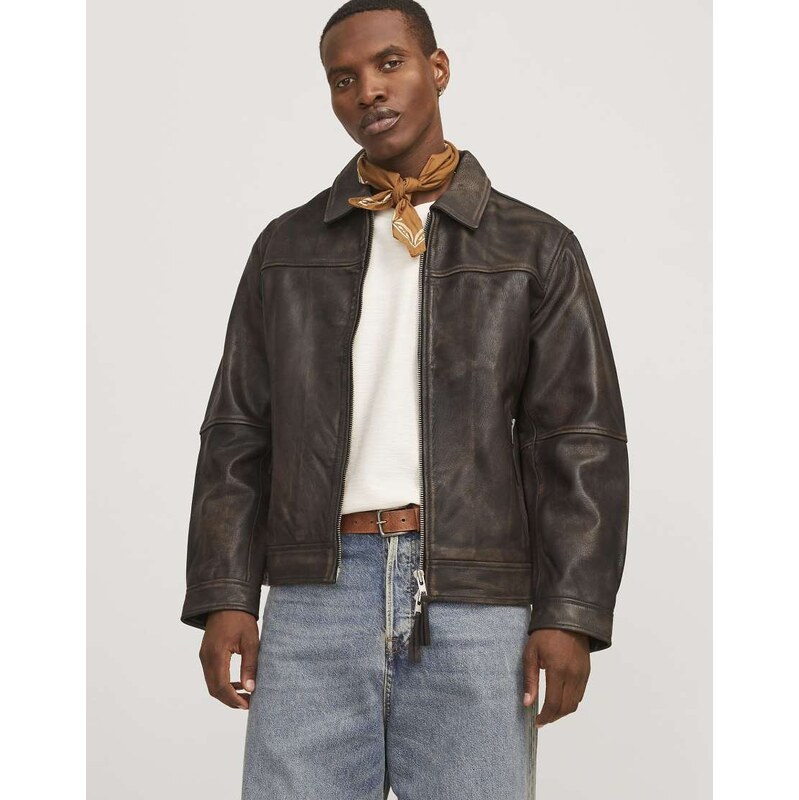 Jack & Jones Leather jacket in chocolate brown