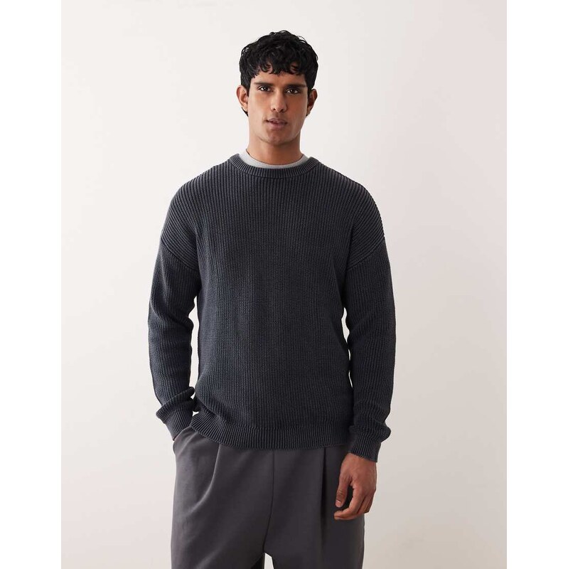 ASOS DESIGN relaxed knitted ribbed crew neck jumper in navy acid