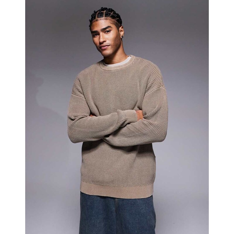 ASOS DESIGN relaxed knitted ribbed crew neck jumper in brown