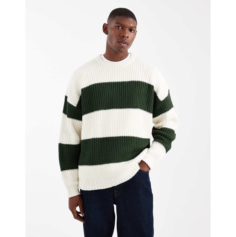 ASOS DESIGN oversized knitted crew neck jumper in green and ecru