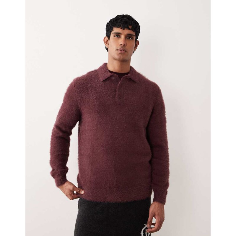 ASOS DESIGN knitted fluffy polo jumper in burgundy-Red