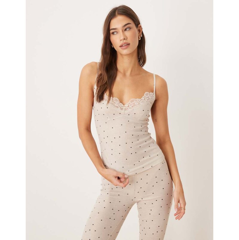 ASOS DESIGN Honey slinky polka dot cami pyjama top with lace trim in 115516745