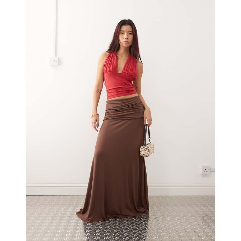 Susmies mila fold over slinky cupro midaxi skirt in brown