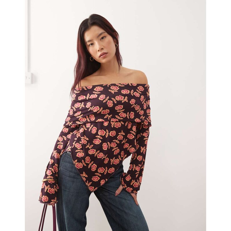 Susmies Susmies bruma off shoulder asymmetric hem long sleeve top in 111214478