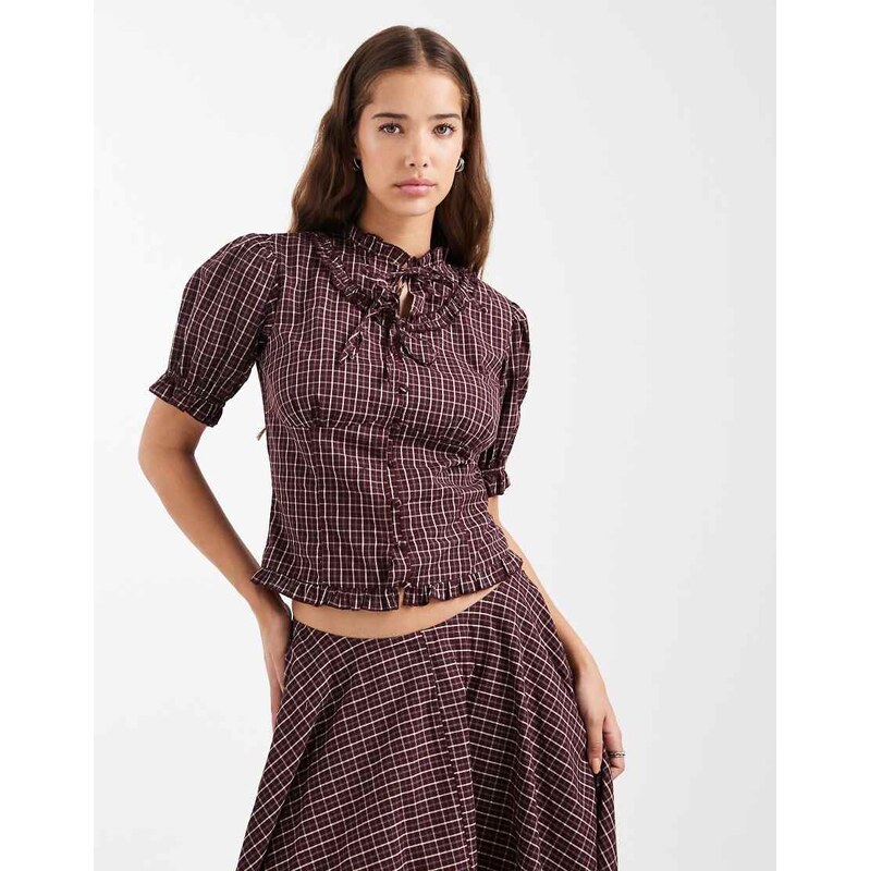 Daisy Street puff sleeve collar ruffle blouse in burgundy check co-ord 111214482