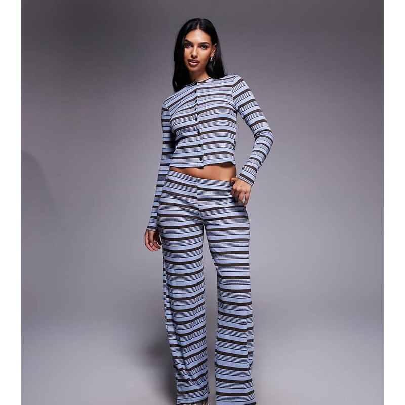 Kaiia exclusive ribbed knit wide leg trousers co-ord in blue and