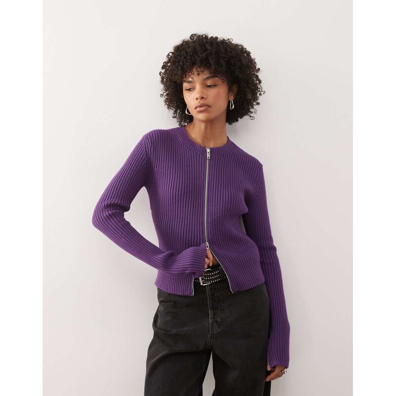 Weekday fitted zip through cardigan with sleeve zip detail in purple 115519236