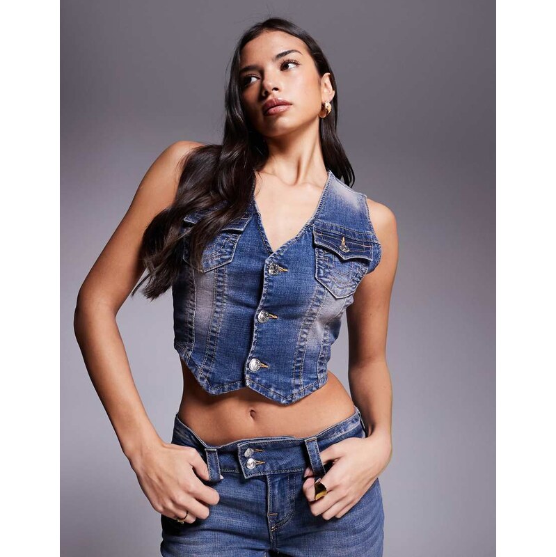 True Religion red pigment denim button through vest in dark wash