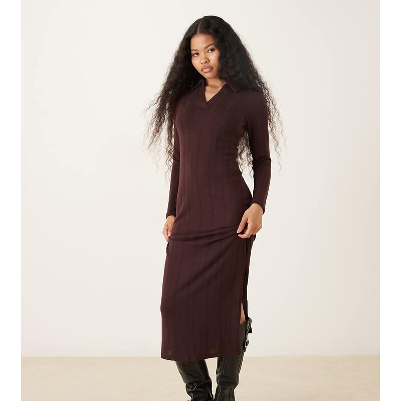 JDY Petite knitted polo maxi dress in chocolate brown 115515570