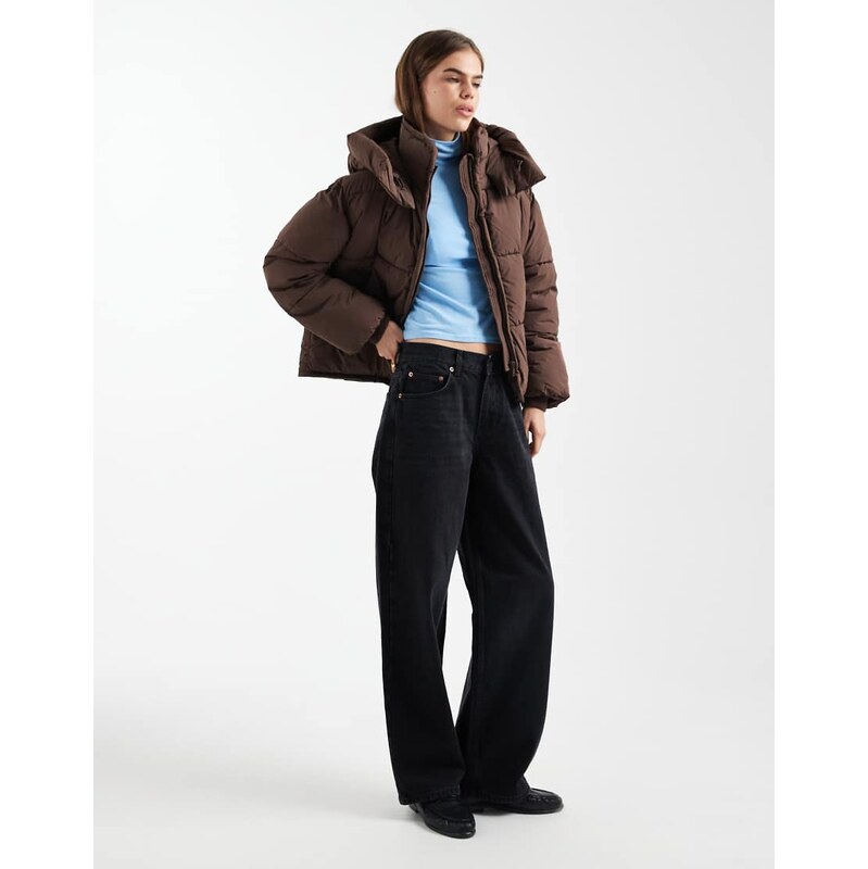 ONLY hooded puffer jacket in chocolate brown 111215584