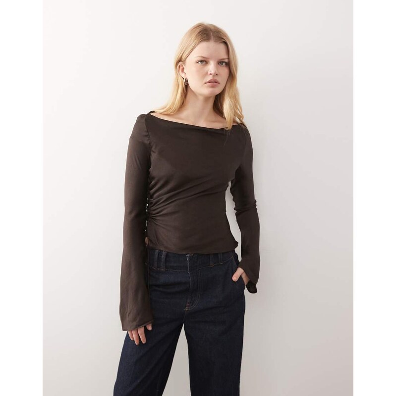 Monki crinkle satin long sleeve boat neck top in dark chocolate