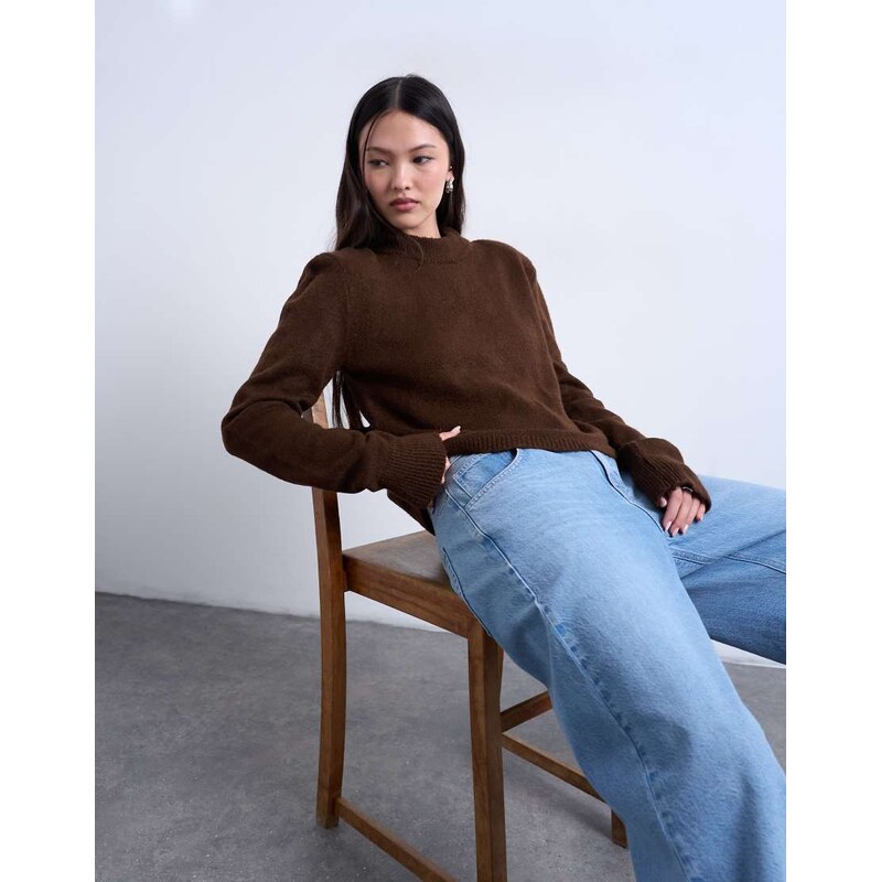 Topshop knitted high back cut out top with shoulder pads in chocolate 111215611
