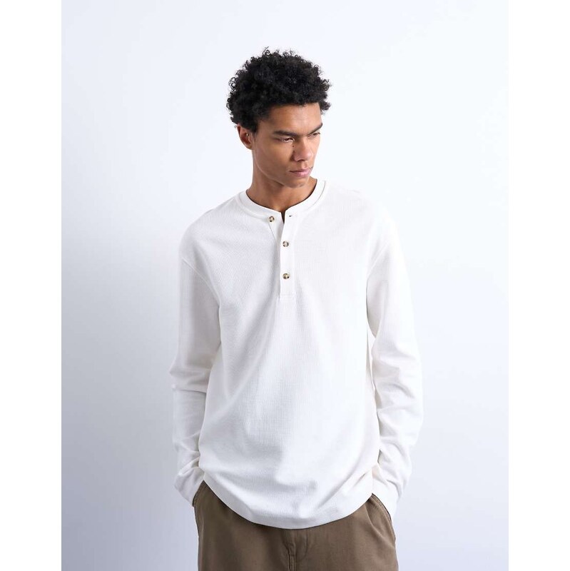 Topman premium relaxed fit heavyweight waffle henley in ecru
