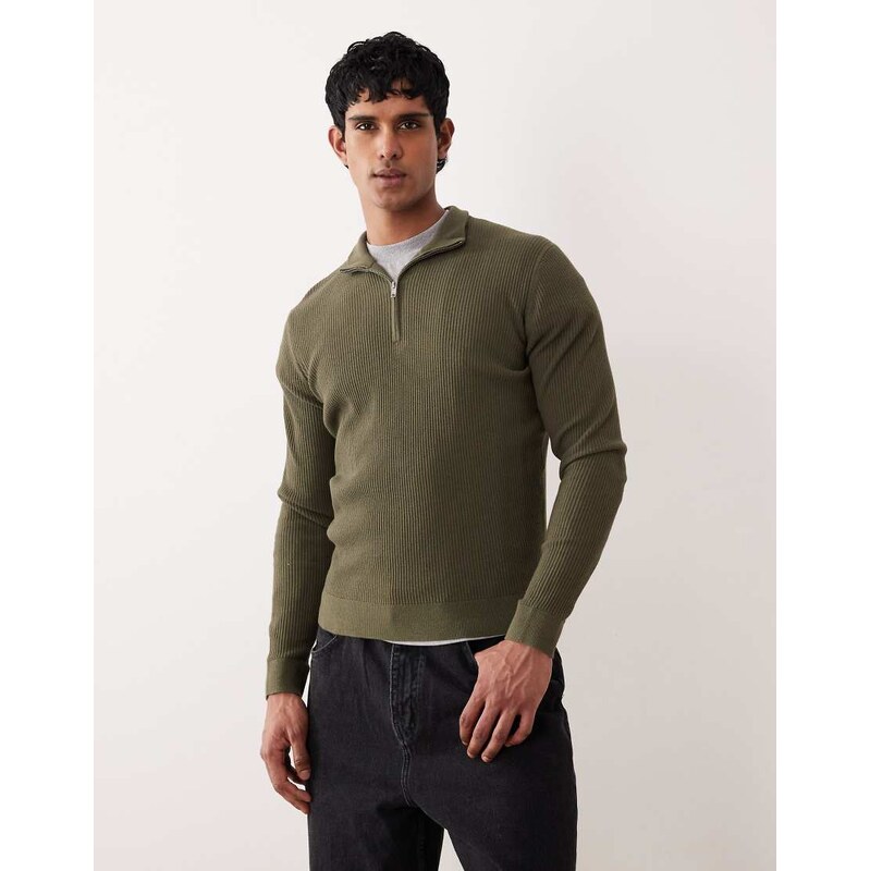 Mango cotton mix quarter zip jumper in light khaki-Green