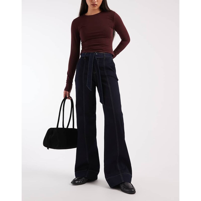 ONLY Royal belt detail wide leg jeans in indigo-Blue