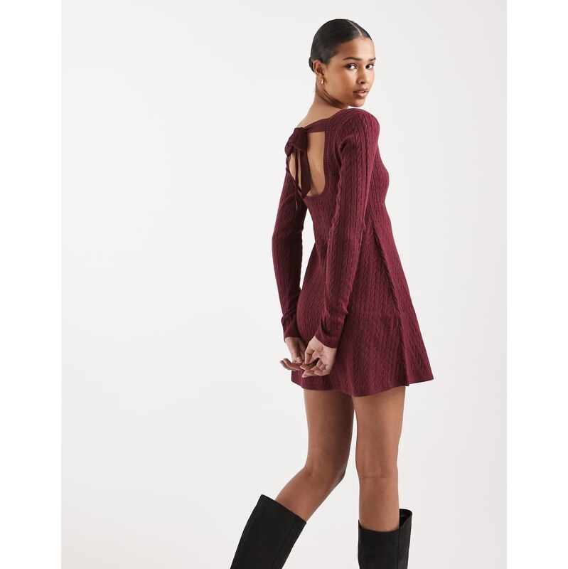 Hollister tie back babydoll sweater mini dress in burgundy-Red