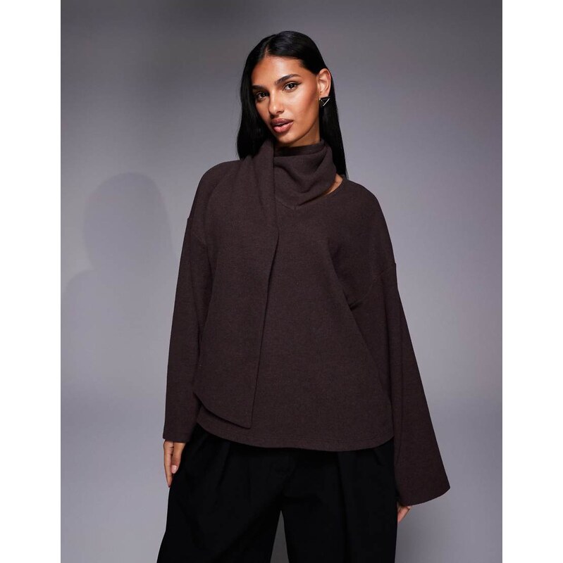 ASOS DESIGN long sleeve scarf detail top in brown-Grey