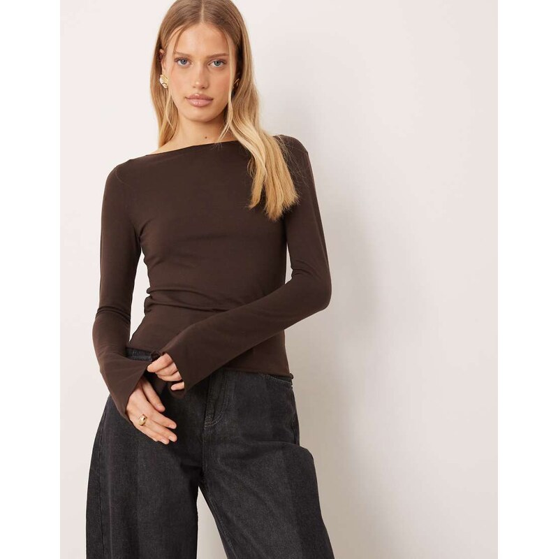 Mango boat neck flared sleeve t-shirt in brown