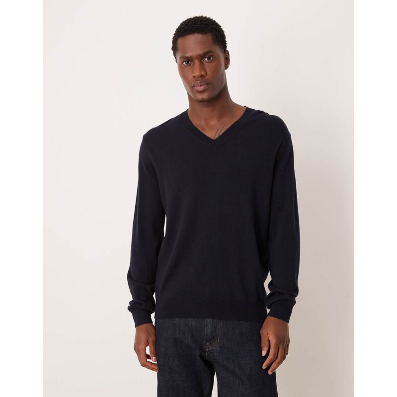 Mango 100% wool v-neck lightweight knitted top in navy