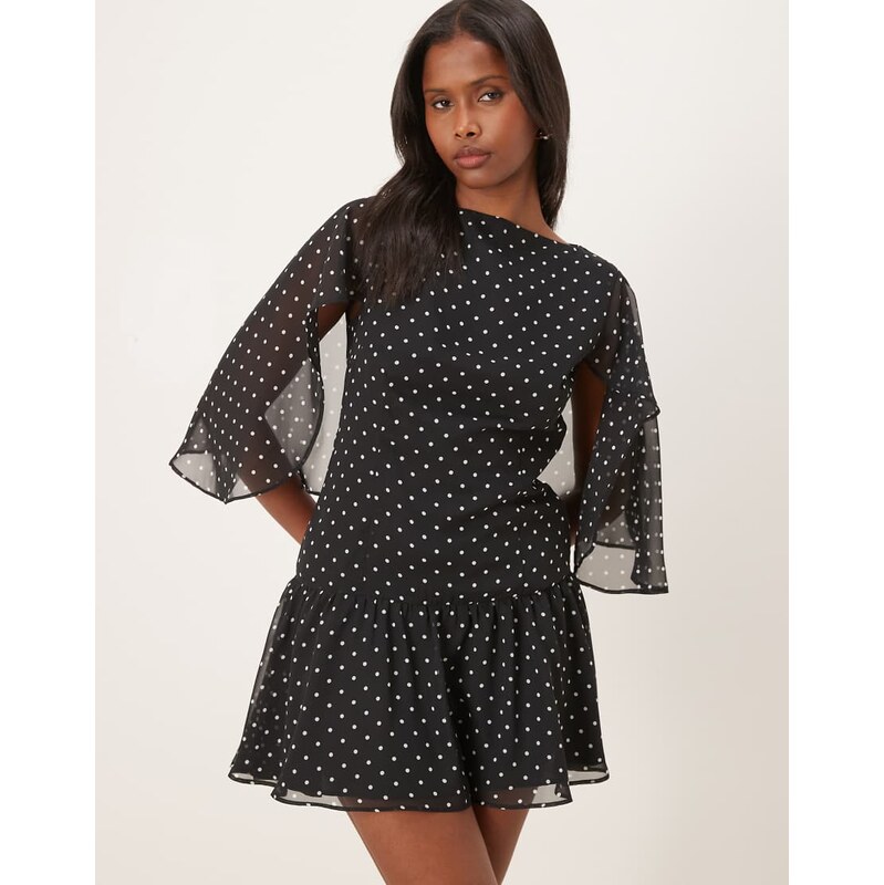ASOS DESIGN chiffon cape detail mini dress in black polka dot