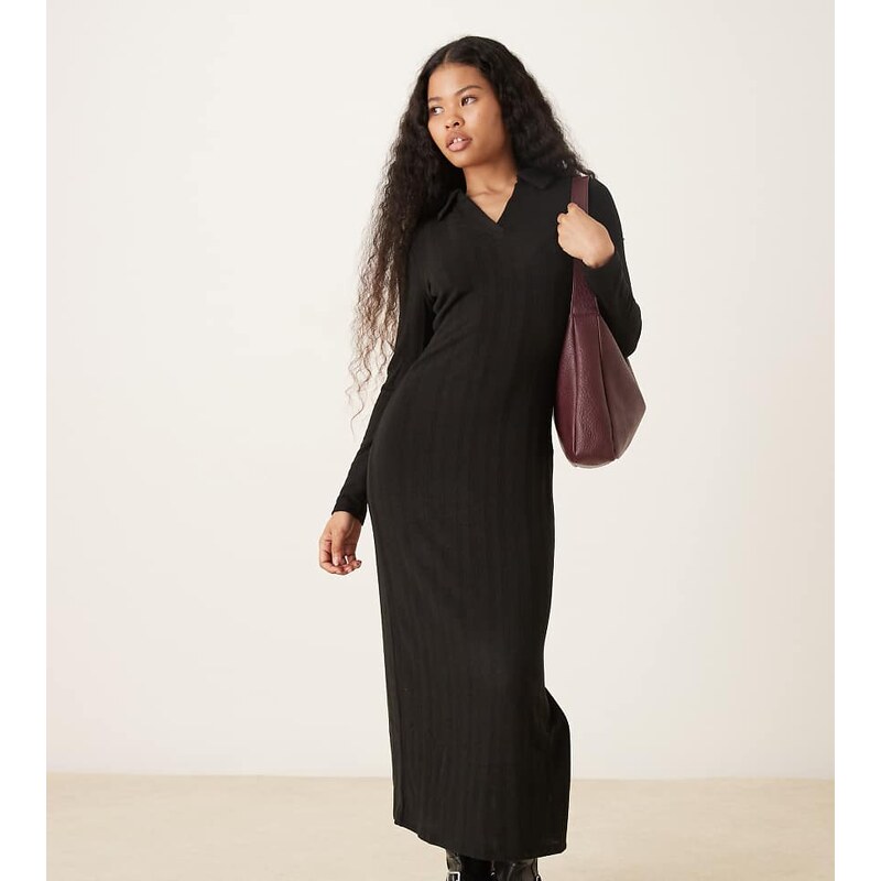 JDY Petite knitted polo maxi dress in black 111215582