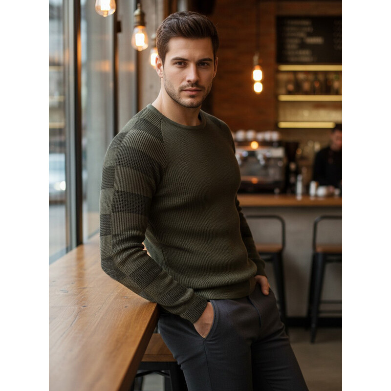 BASIC Khaki svetr s pruhy na ramenou