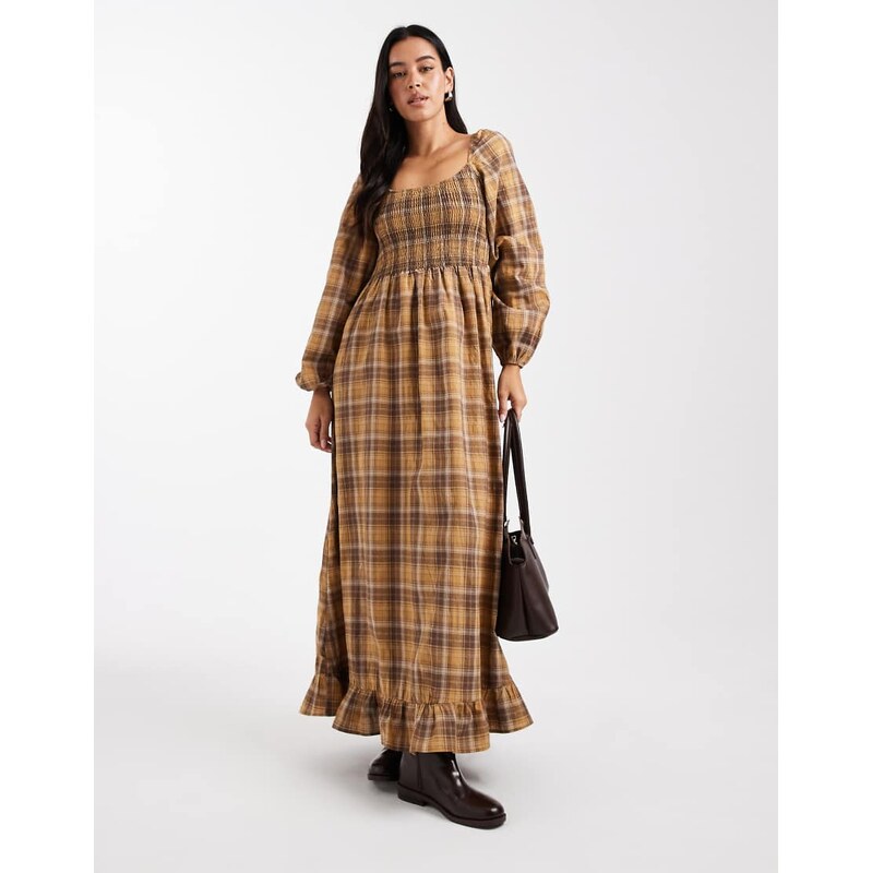 Daisy Street puff sleeve shirred bodice maxi dress in mustard