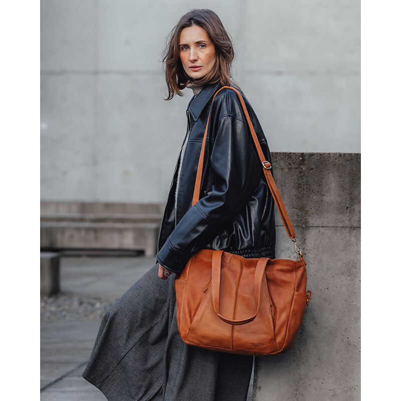 MARCO MAZZINI Camel dámská kožená shopper kabelka Hnědá